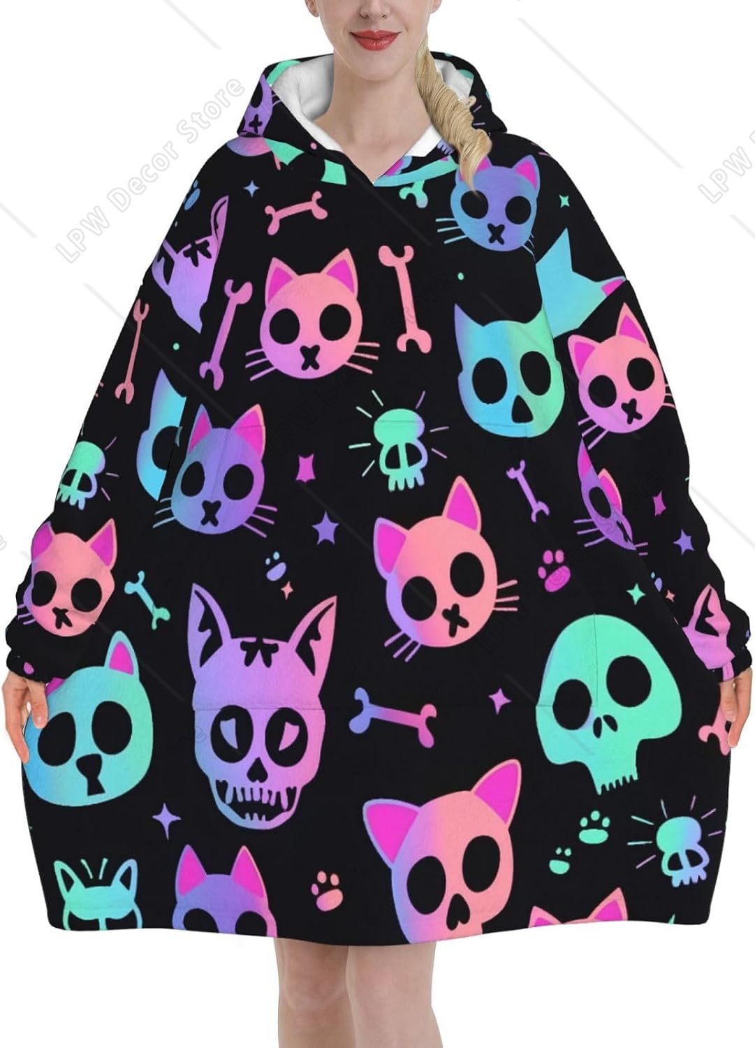 Cat Skulls Bones Wearable Blan - огляд і ціна Sherpa Hoodie Fleece